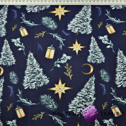 Cotton Christmas pattern of a trees in the forest on a navy background