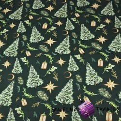 Cotton Christmas pattern of a trees in the forest on a dark green background