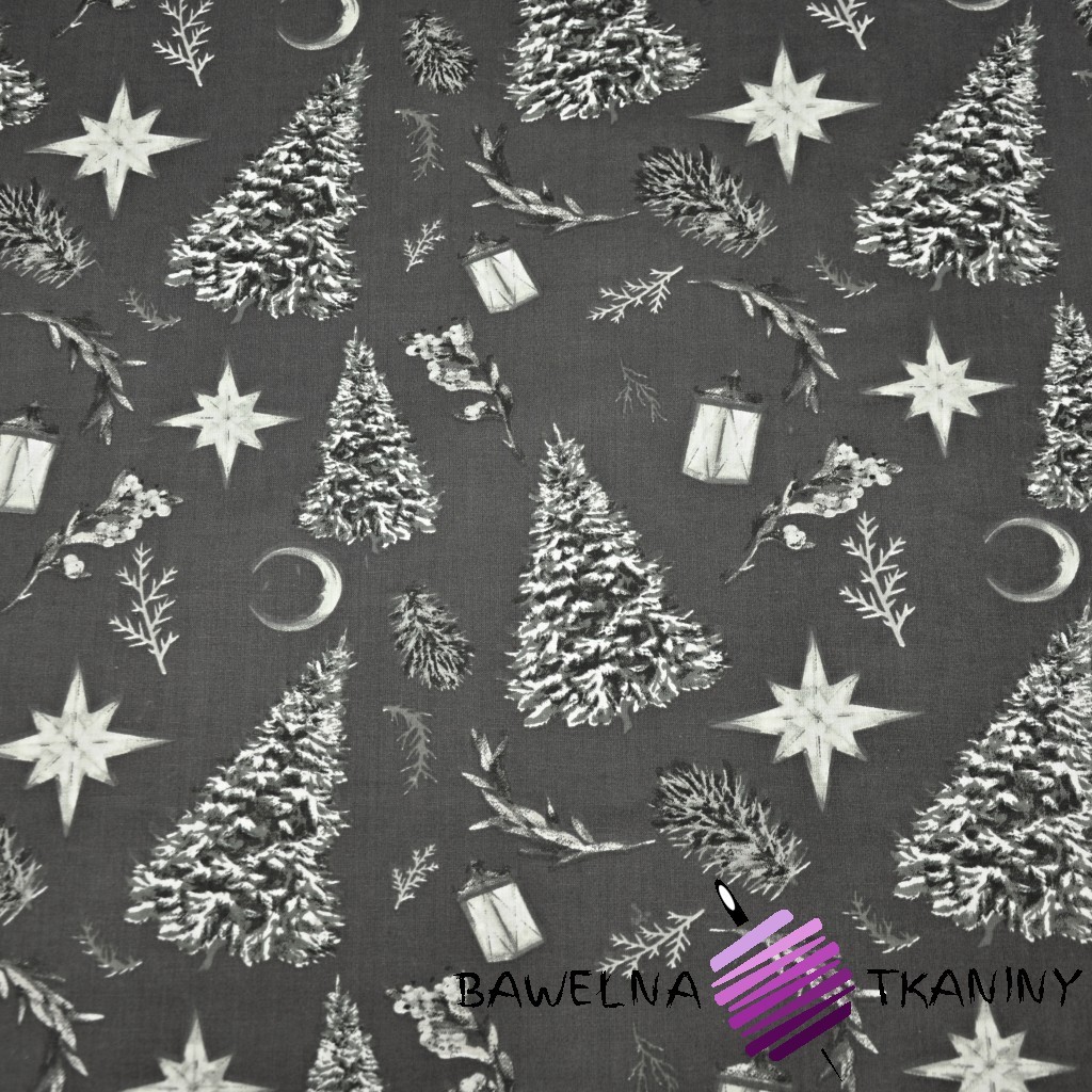 Cotton Christmas pattern of a trees in the forest on a graphite background