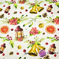 Cotton Christmas pattern of bells with lanterns on a white background