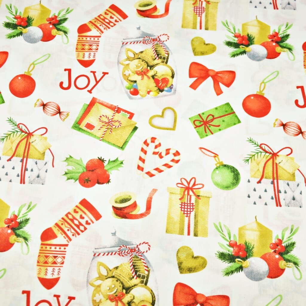 Cotton Christmas pattern of gifts with socks on a white background