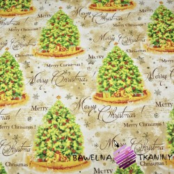 Cotton Christmas pattern of colorful Christmas tree pattern on a beige background
