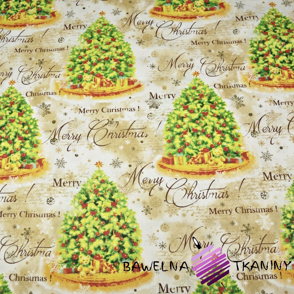 Cotton Christmas pattern of colorful Christmas tree pattern on a beige background