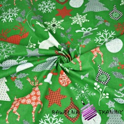 Cotton Christmas pattern deer with trees on a green background