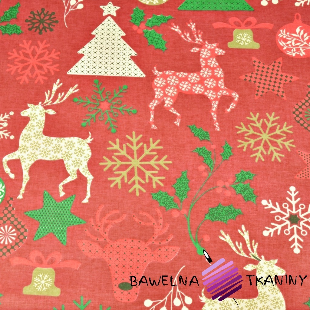 Cotton Christmas pattern deer with trees on a red background