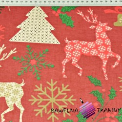 Cotton Christmas pattern deer with trees on a red background