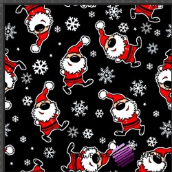 Jersey Knit Digital Print - Santa Clauses  with snowflakes on a black background