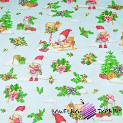 Cotton Christmas pattern gnomes on a slade on a light blue background