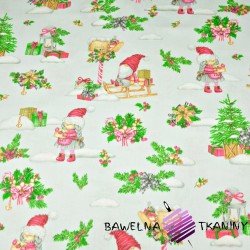 Cotton Christmas pattern gnomes on a slade on a light gray background