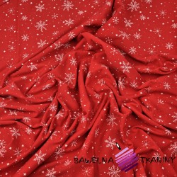 Cotton Jersey - white snowflakes on dark red background