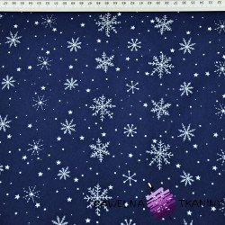 Cotton Jersey - white snowflakes on navy background