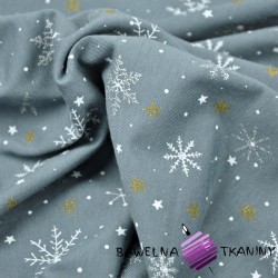Cotton Jersey - white snowflakes with gold stars on gray background