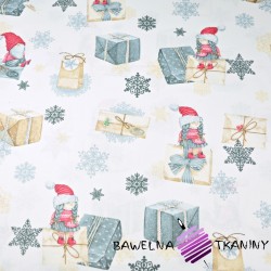 Cotton Christmas pattern gnomes with letters and gifts on white background