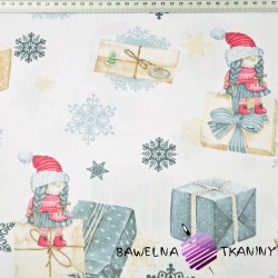 Bawełna 100% wzór świąteczny skrzaty z listami i prezentami na białym tle