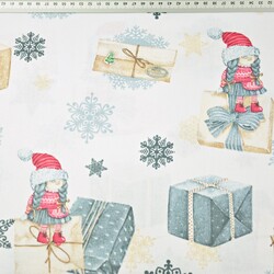 Cotton Christmas pattern gnomes with letters and gifts on white background