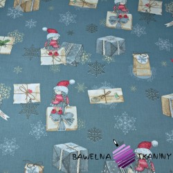 Bawełna 100% wzór świąteczny skrzaty z listami i prezentami na brudno niebieskim tle