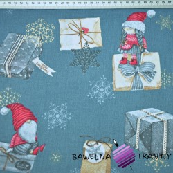 Bawełna 100% wzór świąteczny skrzaty z listami i prezentami na brudno niebieskim tle