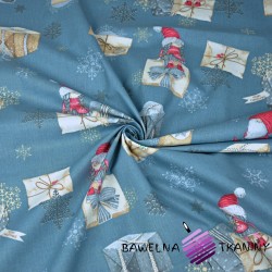 Cotton Christmas pattern gnomes with letters and gifts on dirty blue background