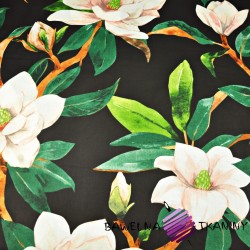 Bawełna 100% w kwiaty magnolie na czarnym tle