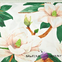 Bawełna 100% w kwiaty magnolie na białym tle