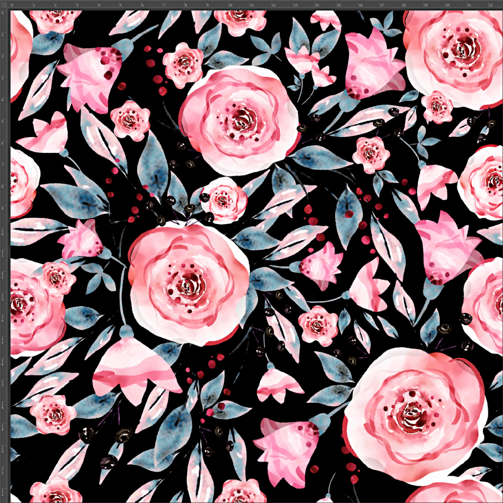 Dzianina Jersey kwiaty różowe z listkami na czarnym tle - druk cyfrowy