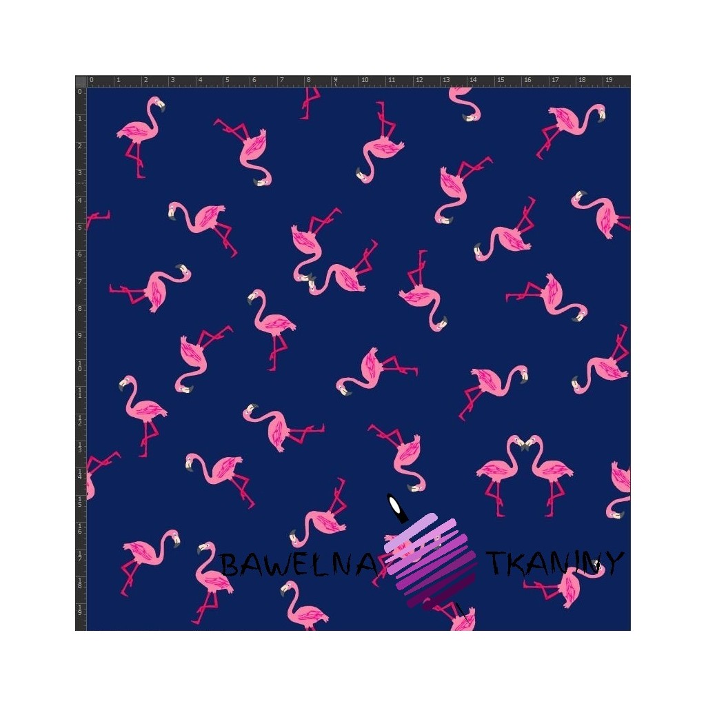 Dzianina Jersey flamingi różowe na granatowym tle - druk cyfrowy
