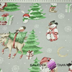 Cotton Christmas pattern santa clauses with the moon on gray