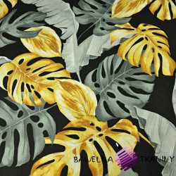 Cotton Cotton 100% monstera and banana leaves, gold gray on a black background
