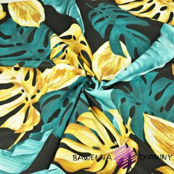 Cotton 100% monstera and banana leaves, gold gray on a emerald background