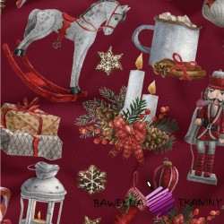 Cotton Christmas pattern soldiers on a maroon background