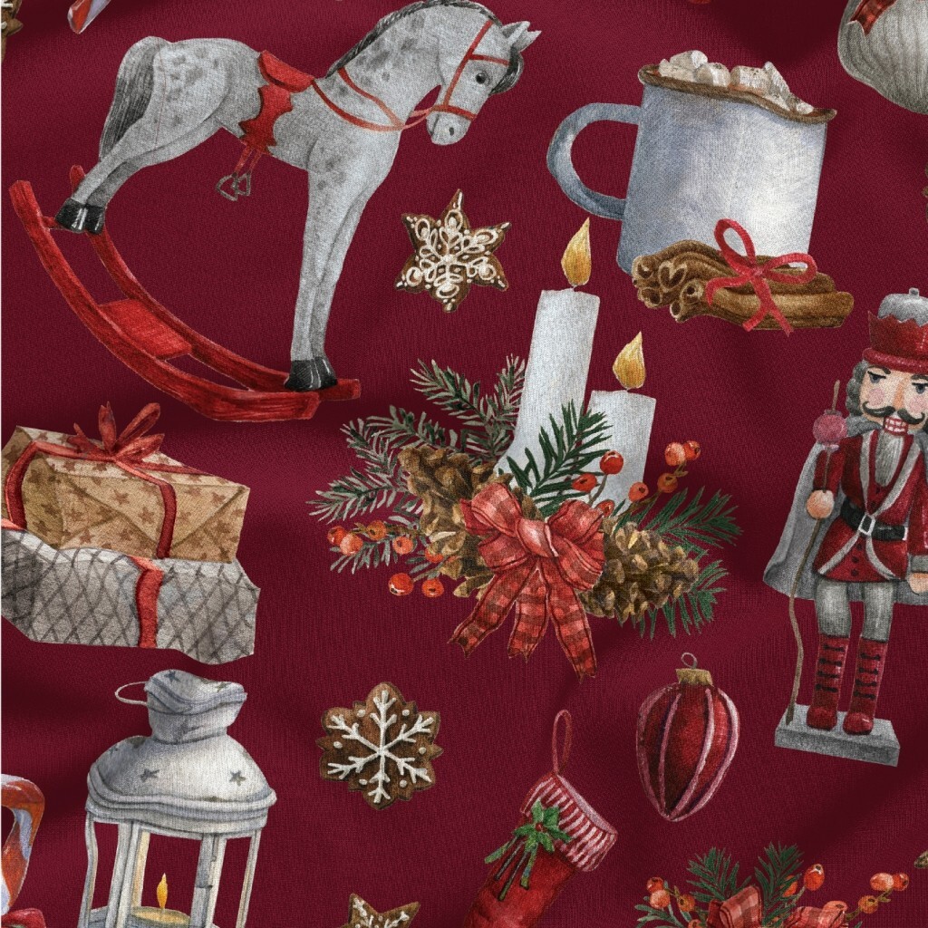 Cotton Christmas pattern soldiers on a maroon background