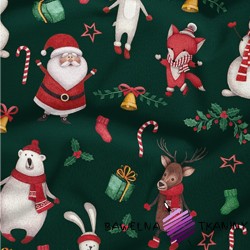 Cotton 100% Christmas pattern with happy animals on a dark green background
