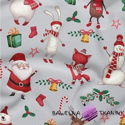 Cotton 100% Christmas pattern with happy animals on a light gray background