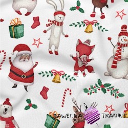Cotton 100% Christmas pattern with happy animals on a white background