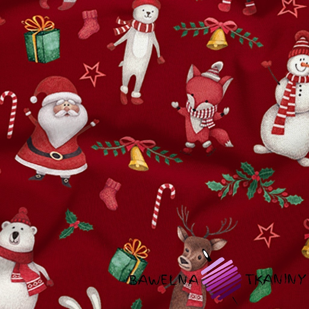 Bawełna 100% wzór świąteczny wesołe zwierzaki na czerwonym tle