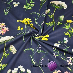 Cotton dill flowers and daffodils on a dark blue background