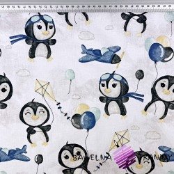 Bawełna 100% pingwiny z balonikami niebieskie na białym tle