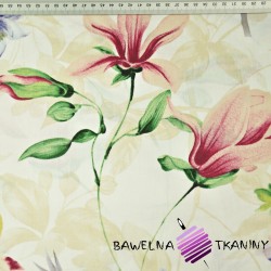 Bawełna 100% kwiaty magnolia z powojnikiem na ecru tle
