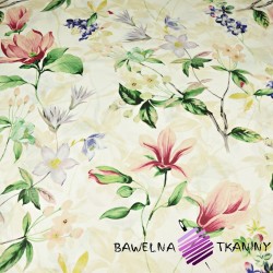 Cotton 100% magnolia flowers with clematis on ecru background