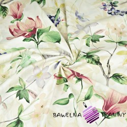Cotton 100% magnolia flowers with clematis on ecru background