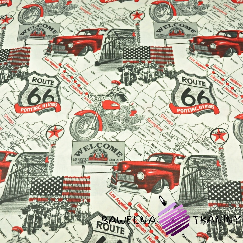 Cotton 100% cars on route 66 on ecru background