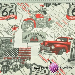 Cotton 100% cars on route 66 on ecru background
