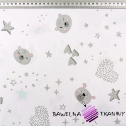 Cotton 100% teddy bears with stars and hearts on a white background