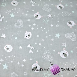 Cotton 100% teddy bears with stars and hearts on a grey background