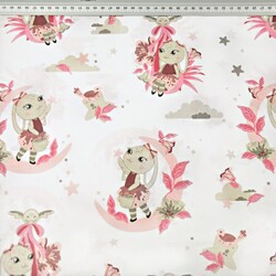 Cotton 100% pink bunnies on the moons on a white background