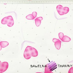Bawełna 100% serduszka z motylkami różowymi na białym tle