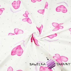 Bawełna 100% serduszka z motylkami różowymi na białym tle