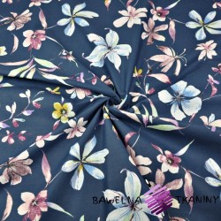 Cotton 100% flowers with multicolored sprigs on a dark denim background