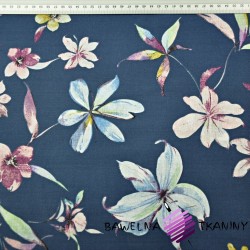 Cotton 100% flowers with multicolored sprigs on a dark denim background
