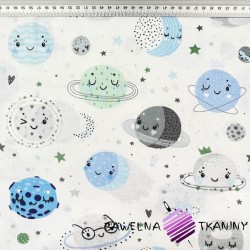 Cotton 100% blue-green smiley planets on a white background